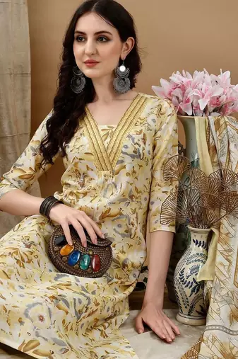 women floral printed regular  cotton kurta with trousers & with dupatta