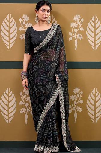 Black bandhani embroidered  chiffon designer bandhani saree