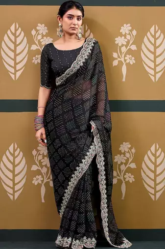 Black bandhani embroidered  chiffon designer bandhani saree