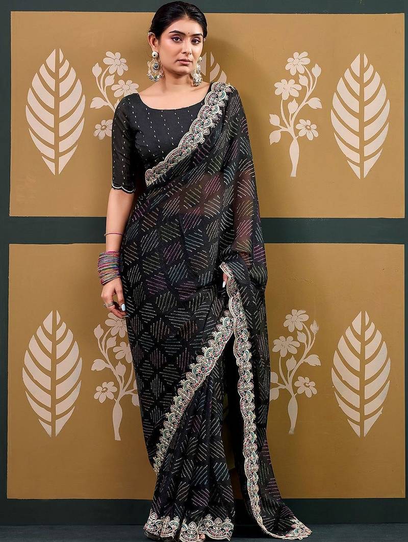 Black bandhani embroidered  chiffon designer bandhani saree