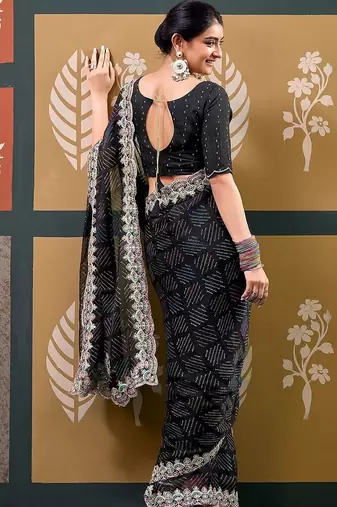 Black bandhani embroidered  chiffon designer bandhani saree