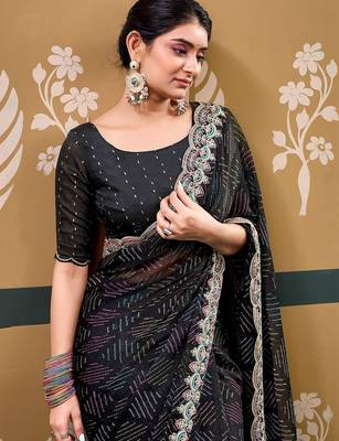 Black bandhani embroidered  chiffon designer bandhani saree 3