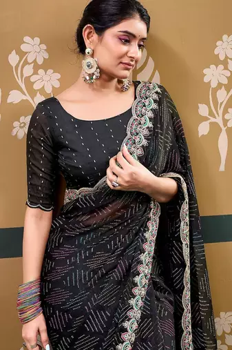 Black bandhani embroidered  chiffon designer bandhani saree