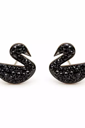 Pave crystal setting, swan silhouette design, stud back closure, women's fashion, black finish