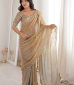 Gold embellished embroidered satin heavy work saree