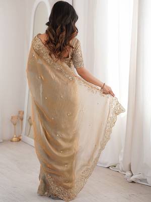 Gold embellished embroidered satin heavy work saree 2