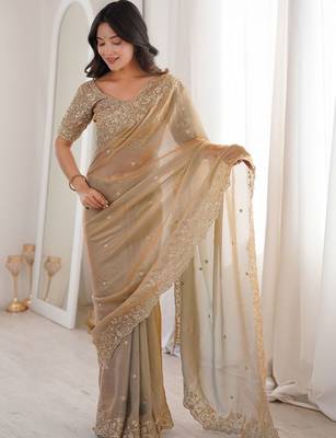 Gold embellished embroidered satin heavy work saree 3
