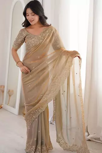 Gold embellished embroidered satin heavy work saree