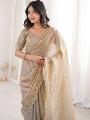 Gold embellished embroidered satin heavy work saree 4