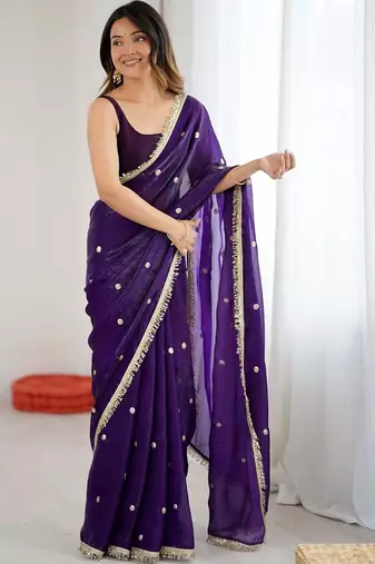 Purple embellished sequinned satin designer saree