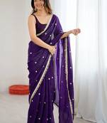 Purple embellished sequinned satin designer saree