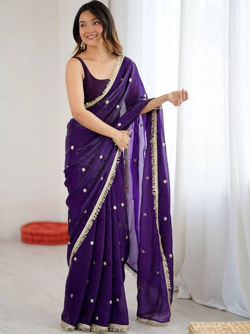 Purple embellished sequinned satin designer saree
