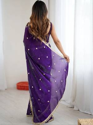 Purple embellished sequinned satin designer saree 2