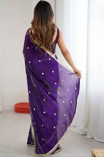 Purple embellished sequinned satin designer saree