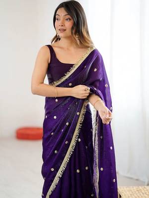 Purple embellished sequinned satin designer saree 3