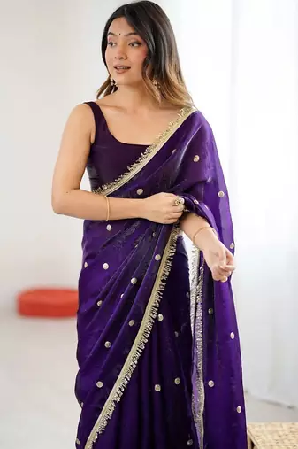 Purple embellished sequinned satin designer saree