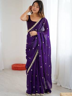 Purple embellished sequinned satin designer saree 4