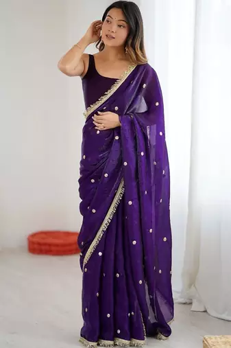 Purple embellished sequinned satin designer saree