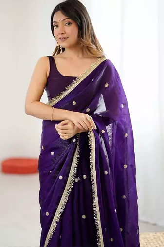 Purple embellished sequinned satin designer saree