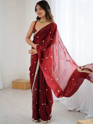 Maroon embellished sequinned satin designer saree 1