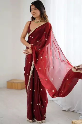 Maroon embellished sequinned satin designer saree
