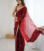 Maroon embellished sequinned satin designer saree
