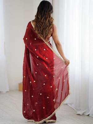Maroon embellished sequinned satin designer saree 2