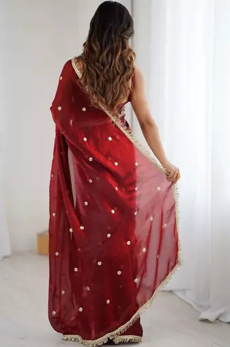 Maroon embellished sequinned satin designer saree