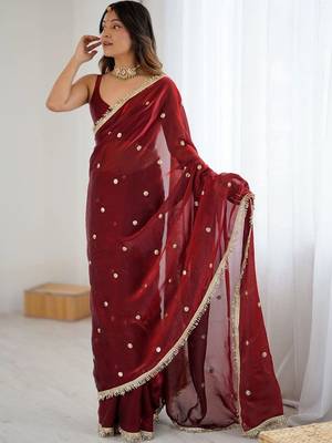 Maroon embellished sequinned satin designer saree 3