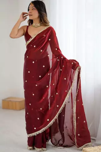 Maroon embellished sequinned satin designer saree