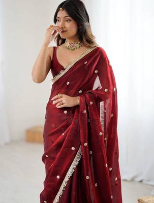 Maroon embellished sequinned satin designer saree 4