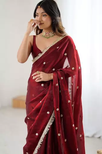 Maroon embellished sequinned satin designer saree