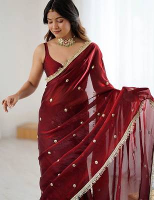 Maroon embellished sequinned satin designer saree 5