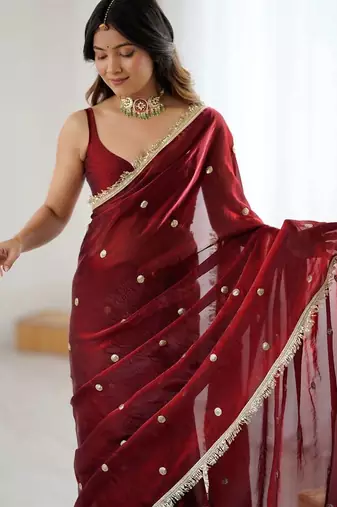 Maroon embellished sequinned satin designer saree