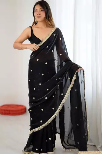 Black embellished sequinned satin designer saree
