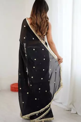 Black embellished sequinned satin designer saree