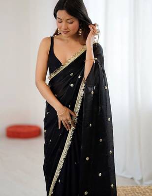 Black embellished sequinned satin designer saree 5