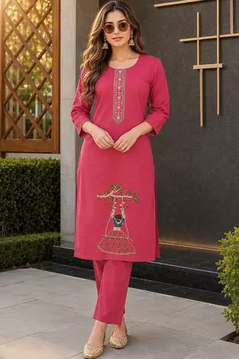 women ethnic motifs embroidered regular thread work kurta with trousers