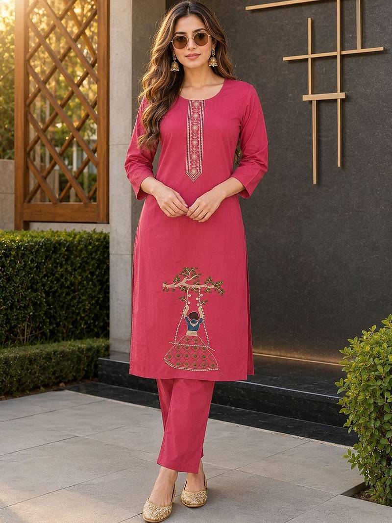 women ethnic motifs embroidered regular thread work kurta with trousers