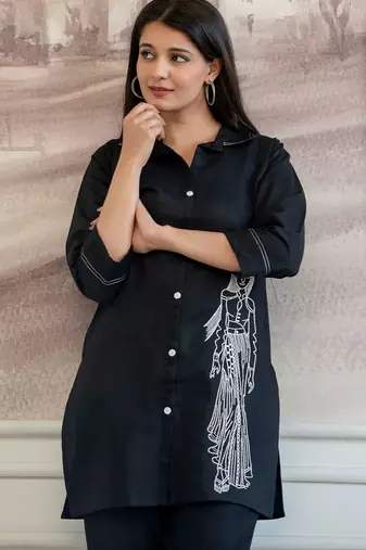 women ethnic motifs embroidered regular thread work chanderi silk kurti with trousers