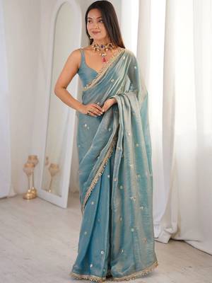 Teal embellished sequinned satin designer saree 1