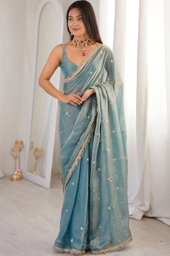 Teal embellished sequinned satin designer saree