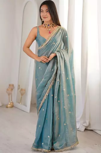 Teal embellished sequinned satin designer saree