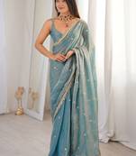 Teal embellished sequinned satin designer saree