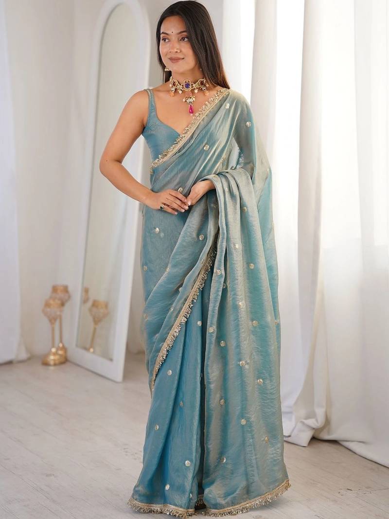 Teal embellished sequinned satin designer saree