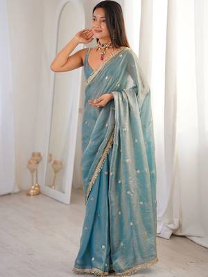Teal embellished sequinned satin designer saree 2