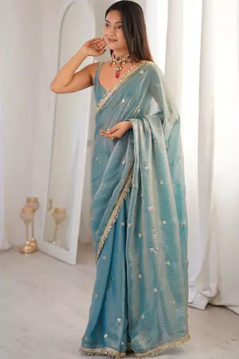 Teal embellished sequinned satin designer saree