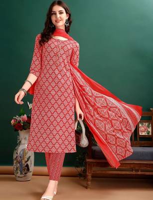 women printed kurta with trousers & with dupatta 1