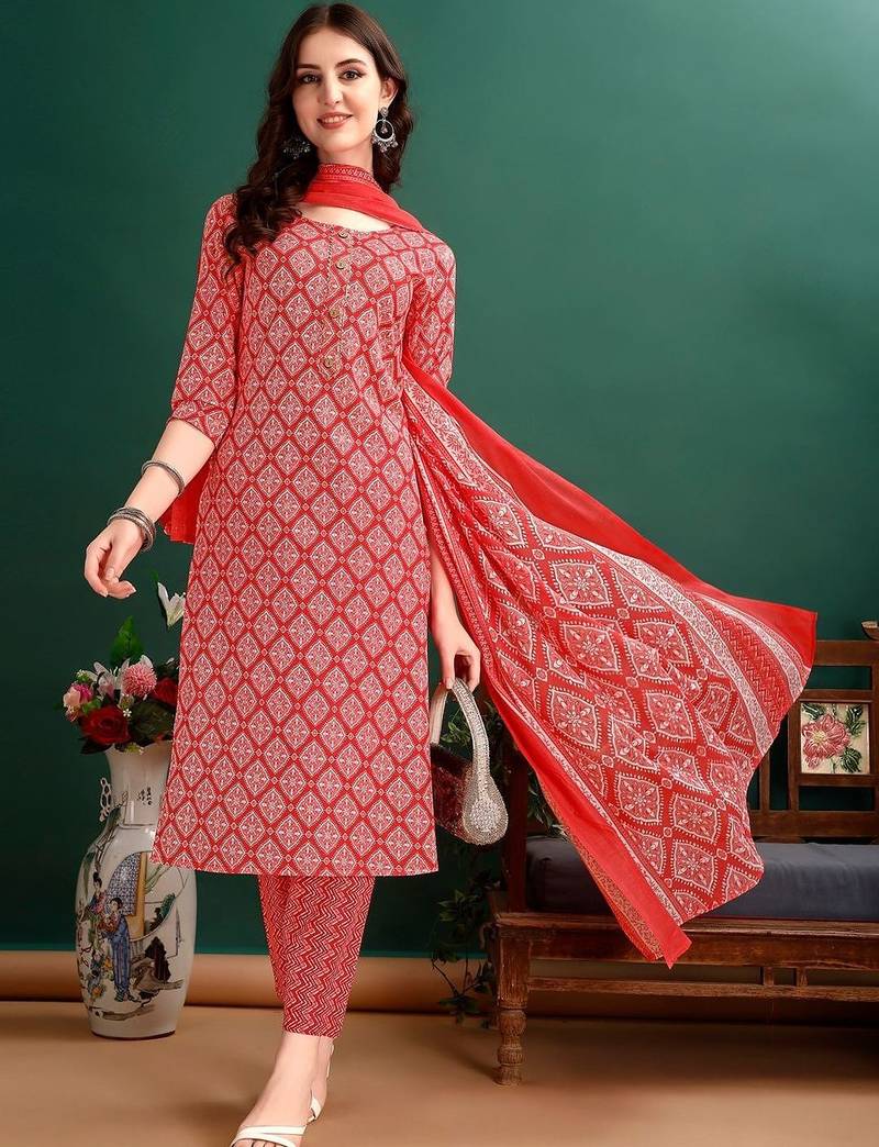 women printed kurta with trousers & with dupatta