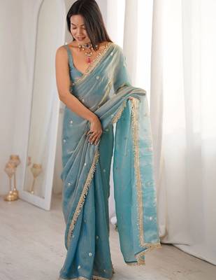 Teal embellished sequinned satin designer saree 3